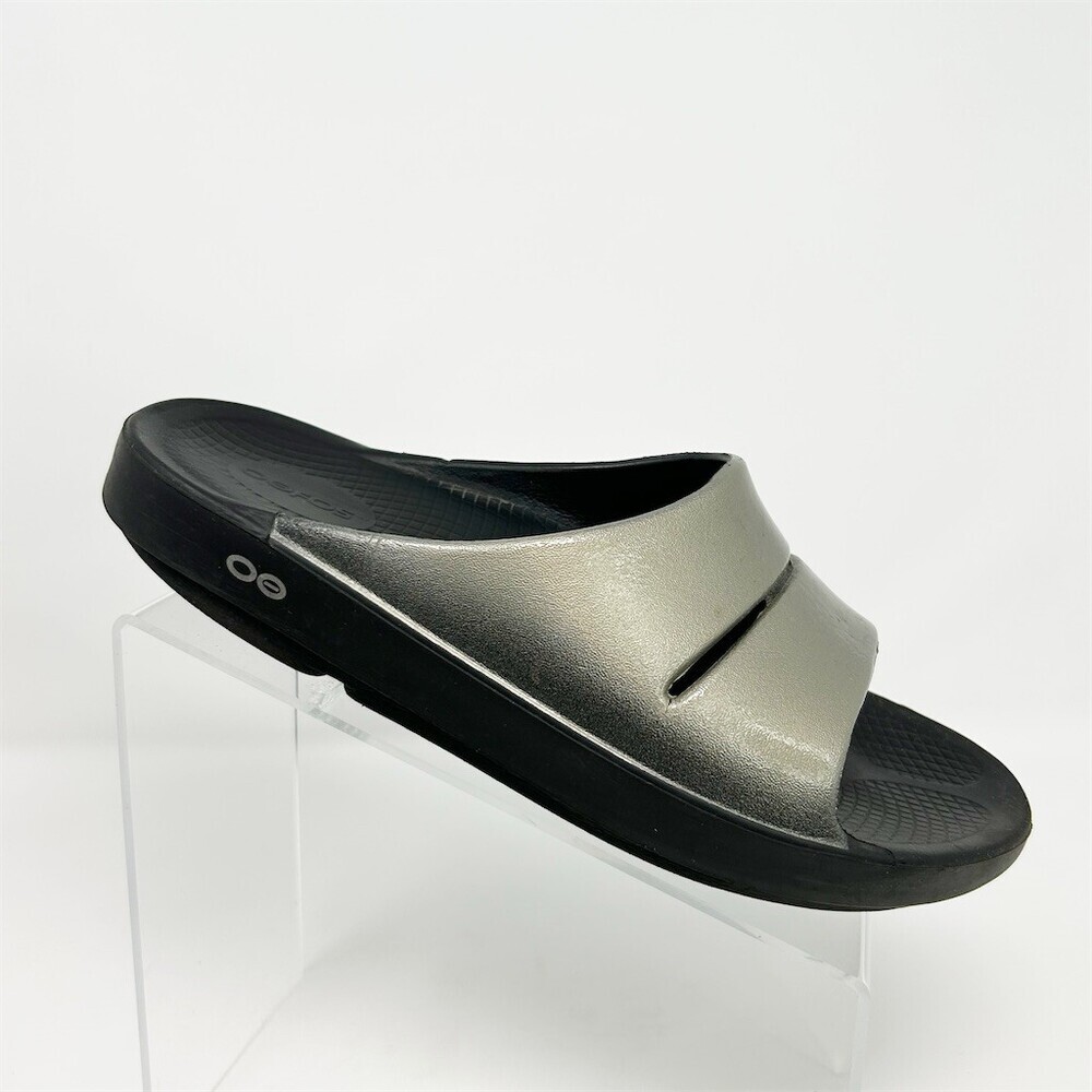 OOFOS OOahh Luxe Recovery Slide Sandals Unisex Metallic Silver Gray Size 42